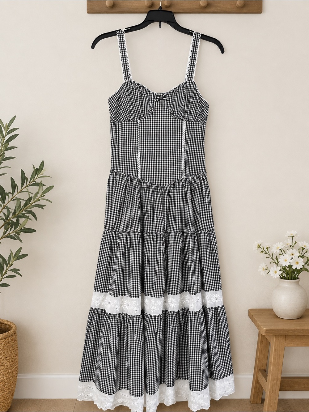 Jacqui E Black and White Gingham Tiered Maxi Dress